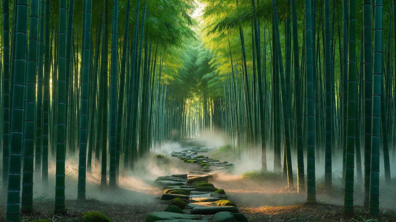 朝霧の竹林の小道