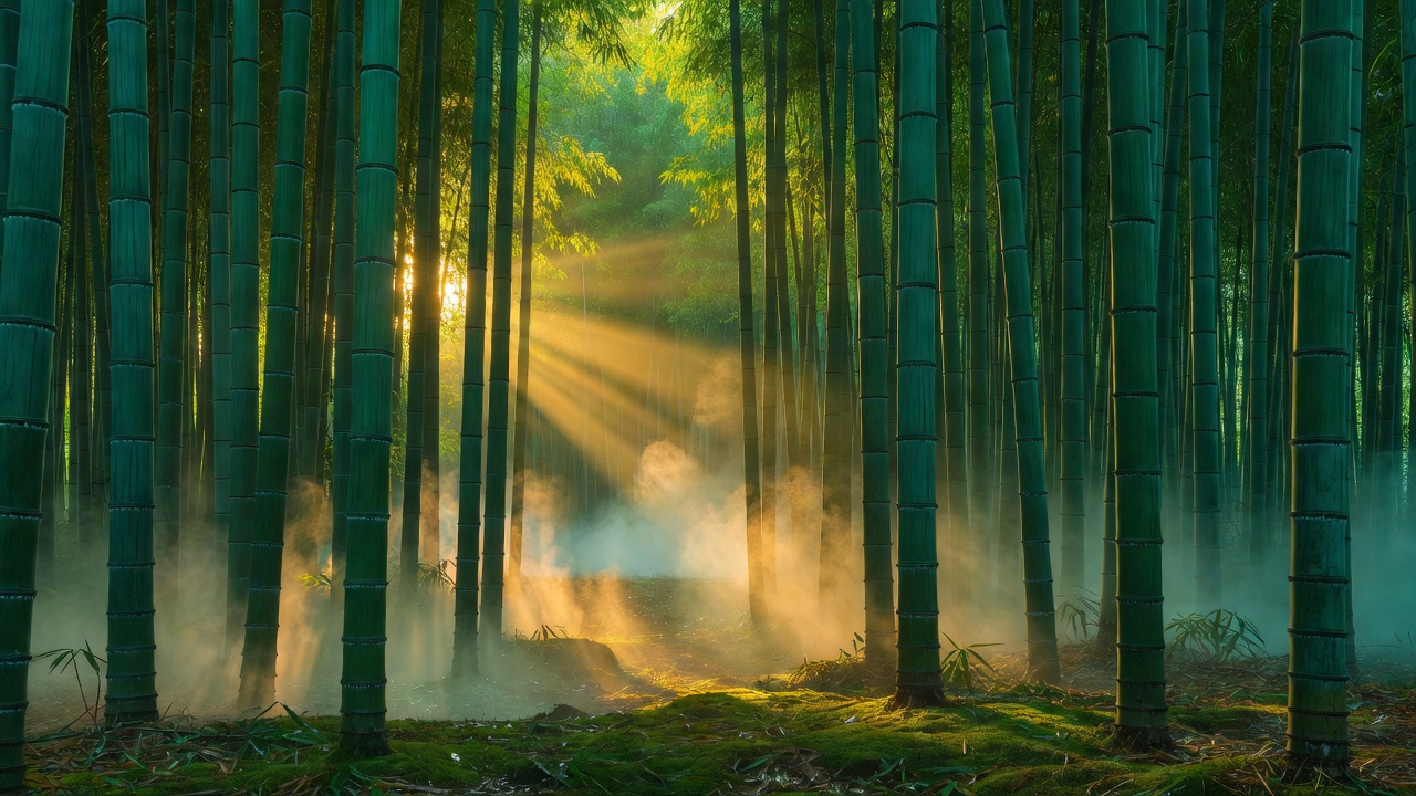 夕日に染まる竹林