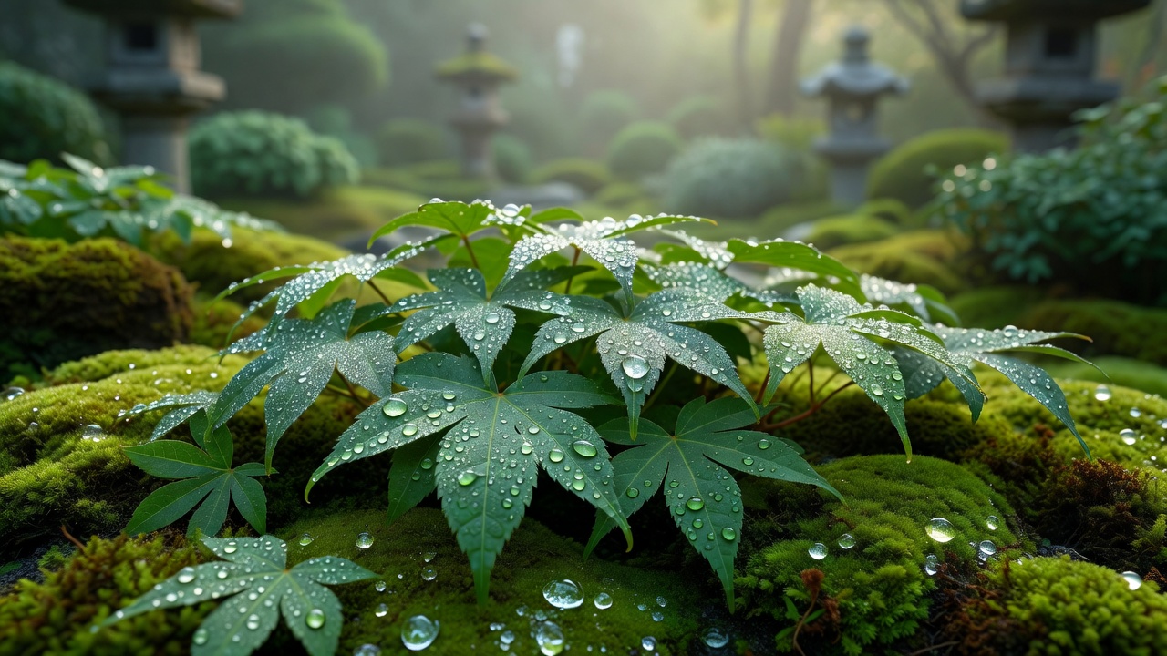 朝露に濡れた苔庭の野草と野花
