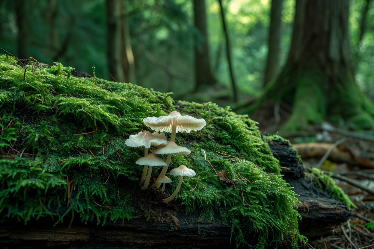 苔に覆われた朽木のキノコ