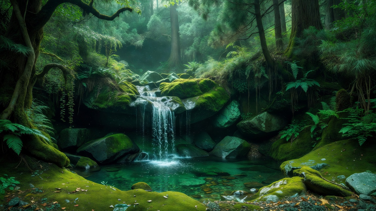 森の滝と苔むした岩のカスケード