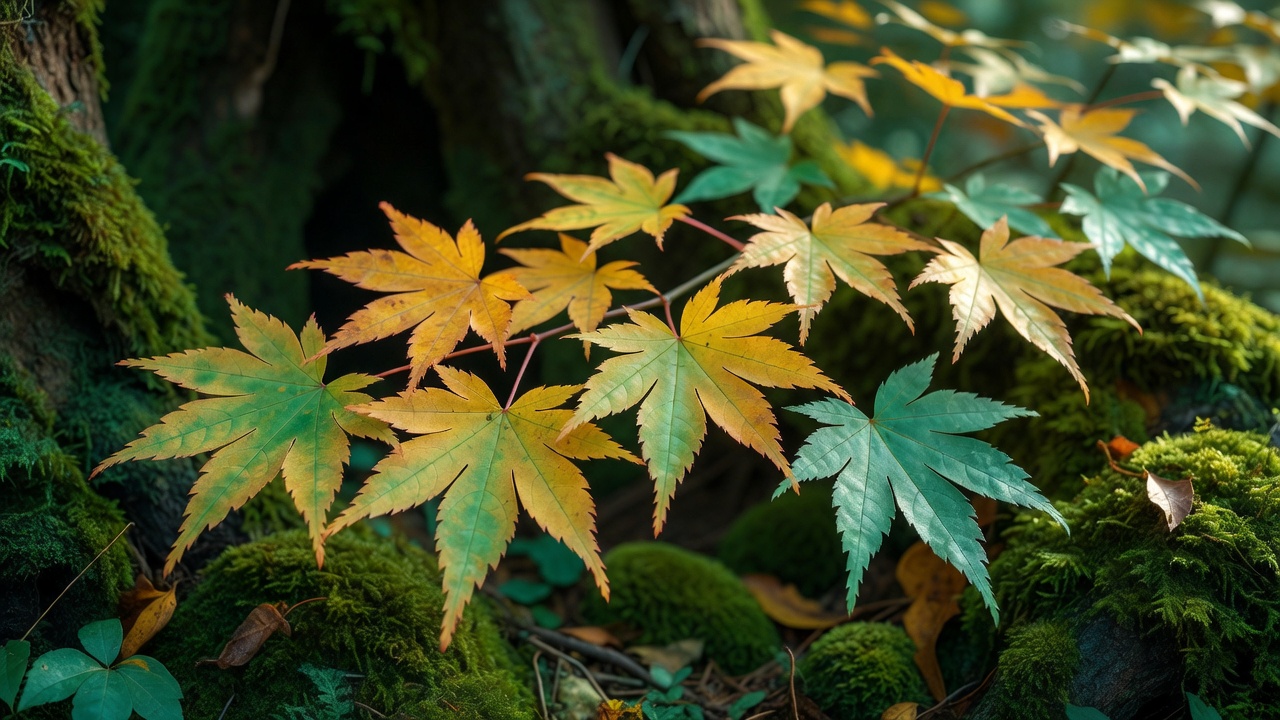 苔の森に舞い落ちる日本のもみじの葉