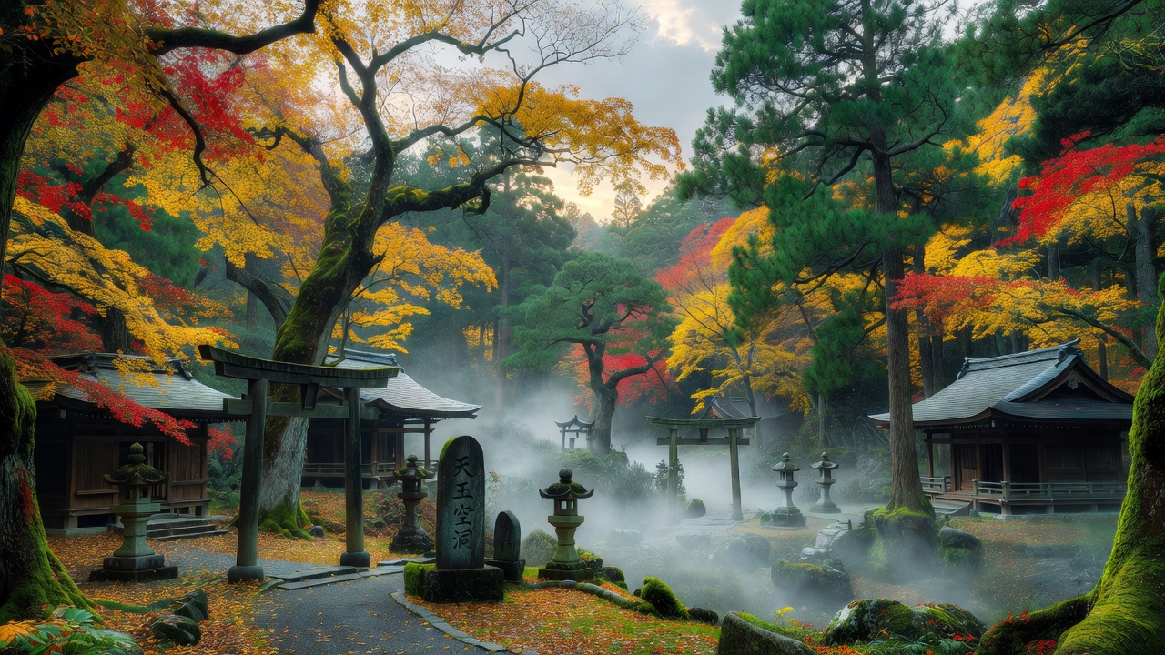 黄金と深紅に染まった晩秋の玉の谷