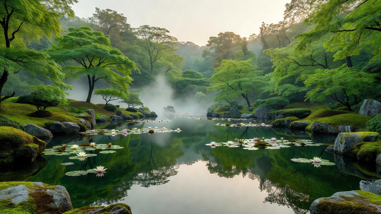 静寂の日本庭園、池と睡蓮