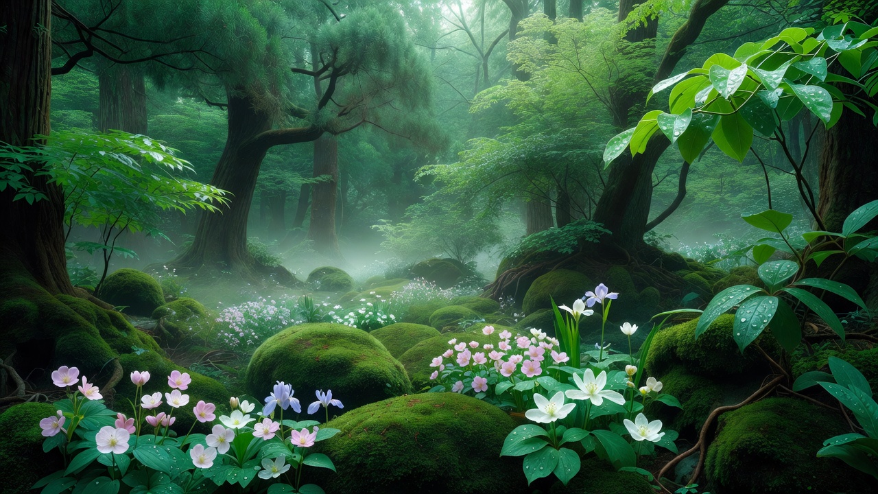 春の野花と苔の空き地