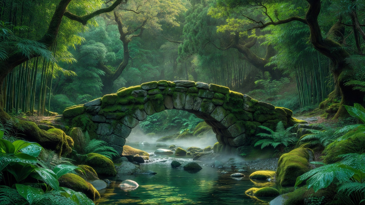 苔に覆われた石橋と清流